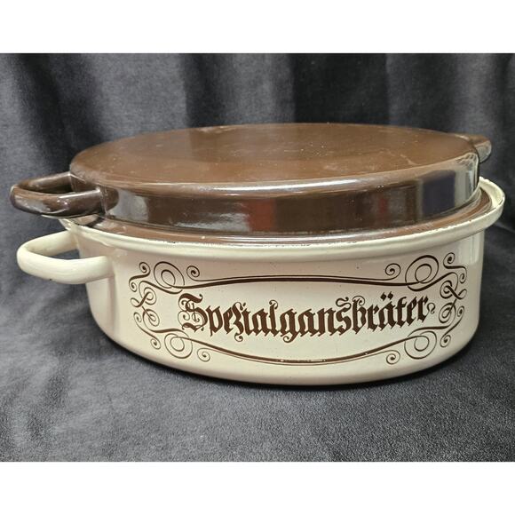 Vintage Large Tan & Brown Iron Roaster Frying Pan Roasting Pot Casserole Dish - Picture 13 of 13